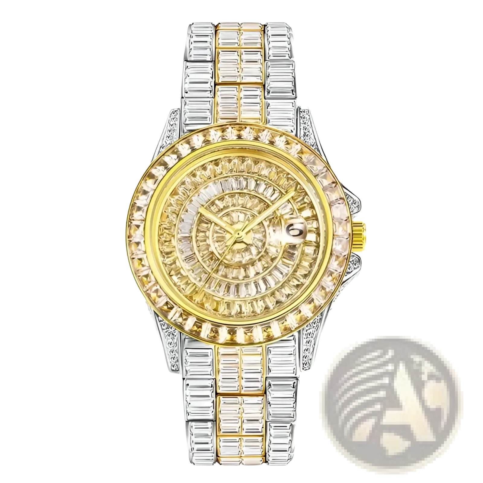A luxurious iced out men luxury diamond watch in two-tone gold and silver steel with a dazzling baguette crystal bezel