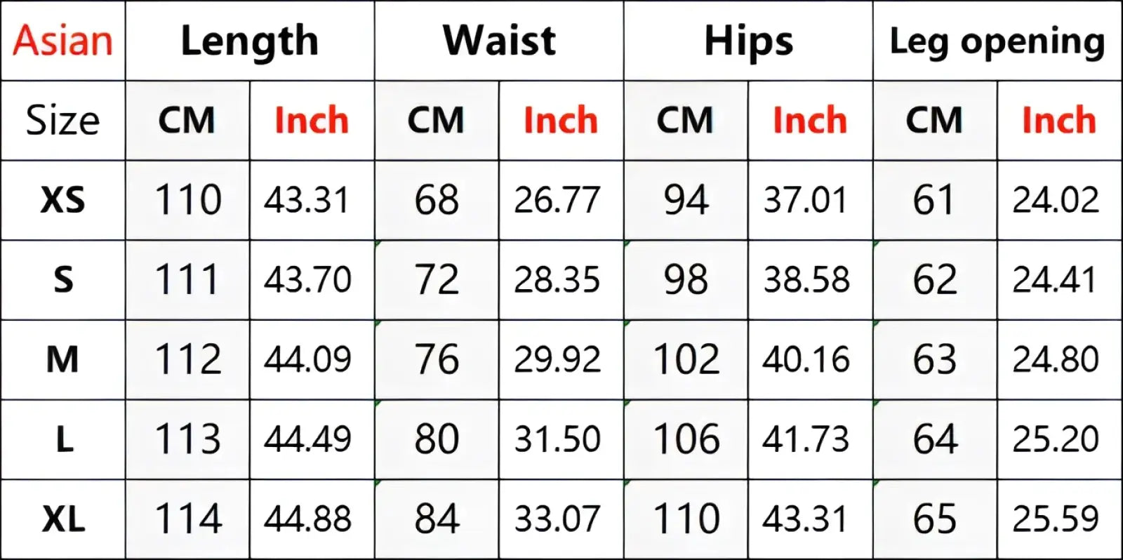 Asian size clothing measurement chart in cm and inches for Iefb camouflage wide leg denim jeans sizes xs to xl