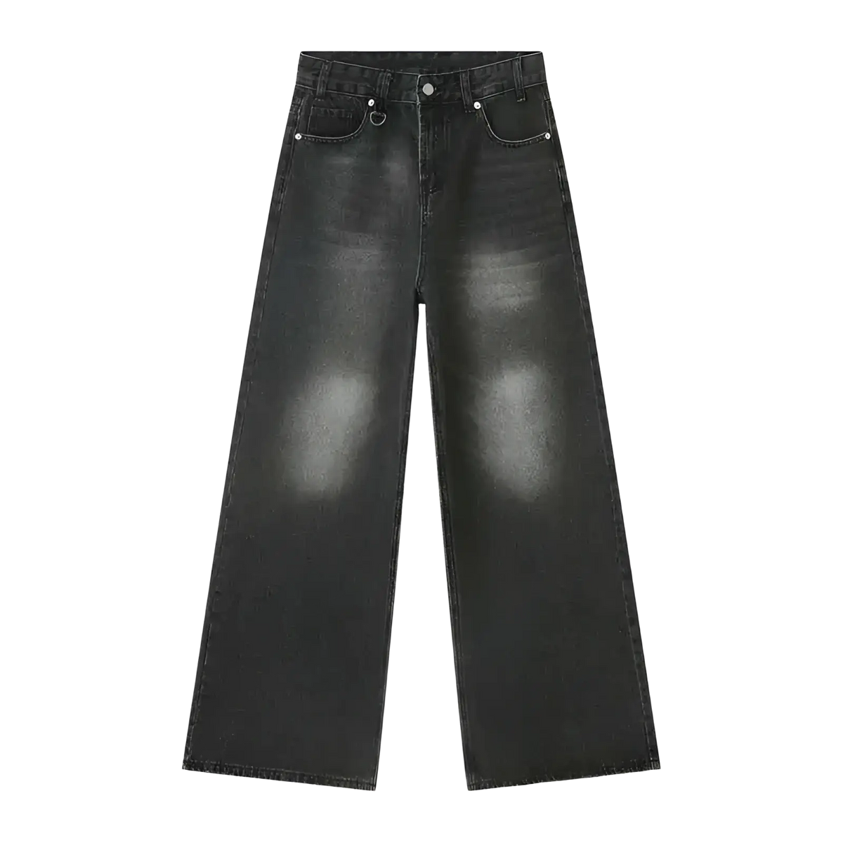 Iefb camouflage wide leg denim jeans in black with a faded distressed look and subtle white stitching