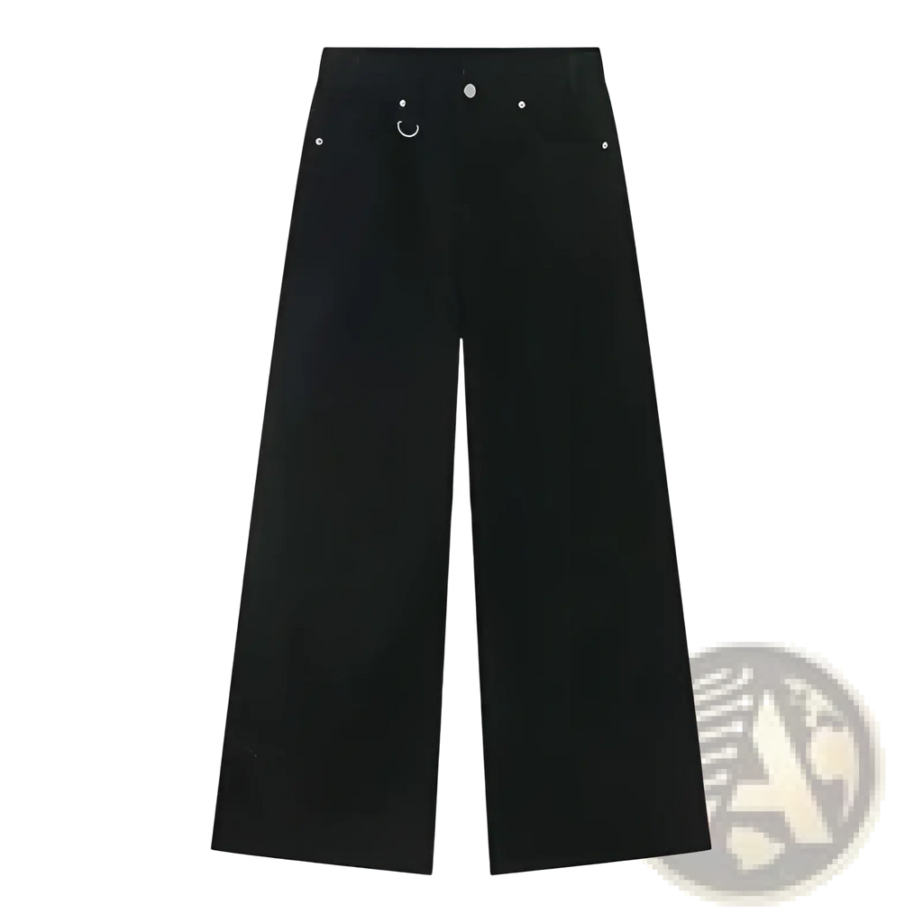 Iefb camouflage wide leg denim jeans in black with high waist silver buttons and front circular ring detail