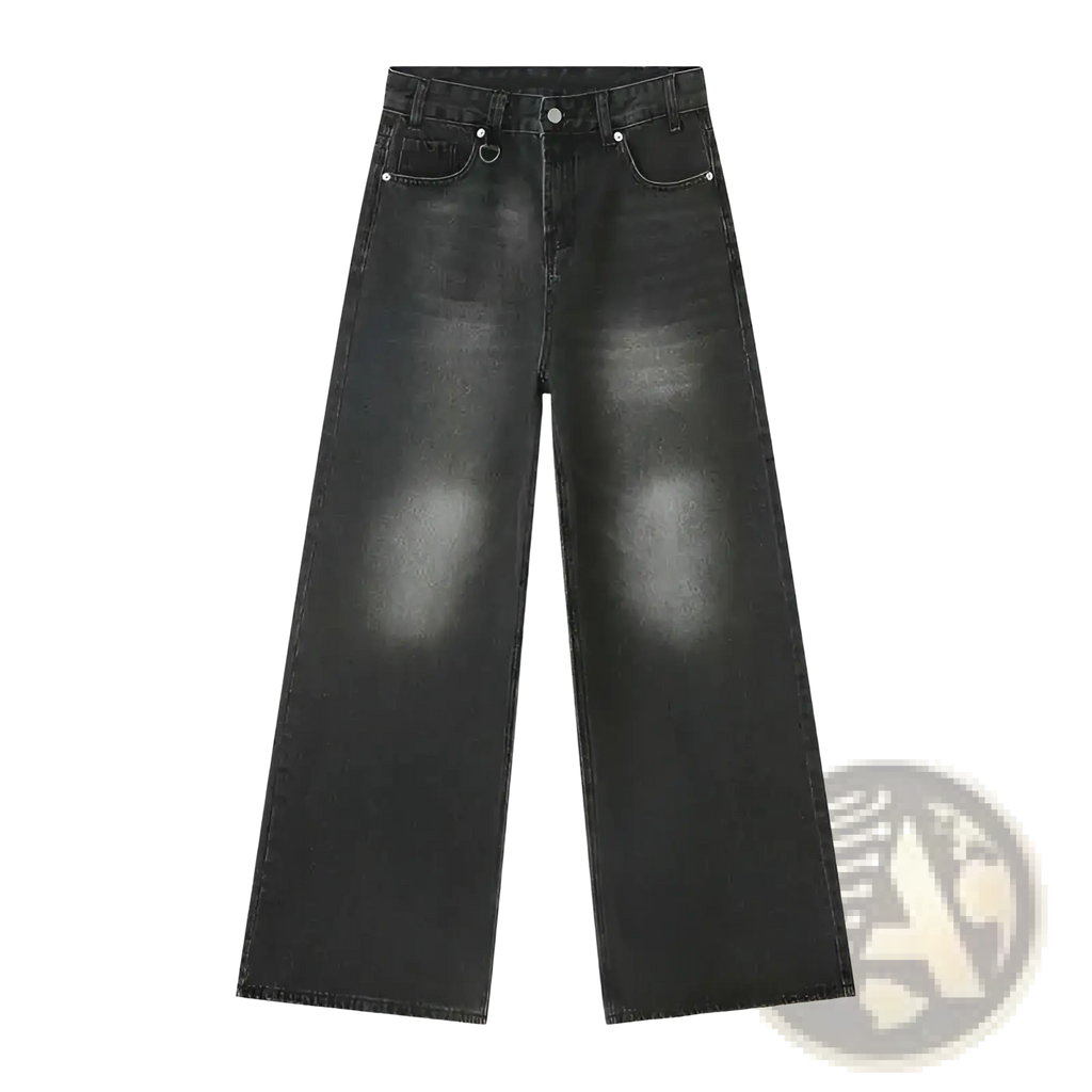 Iefb camouflage wide leg denim jeans in black with faded wash and silver toned hardware in wide leg cut