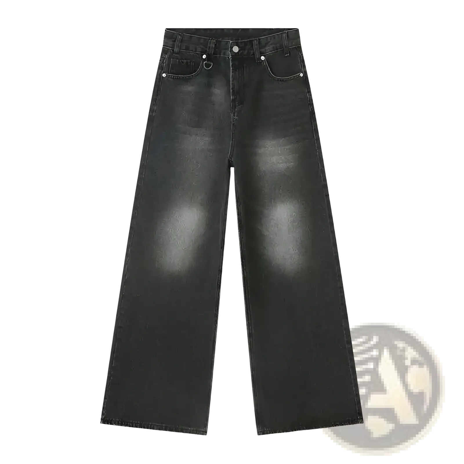 Iefb camouflage wide leg denim jeans in black with faded wash and silver toned hardware in wide leg cut