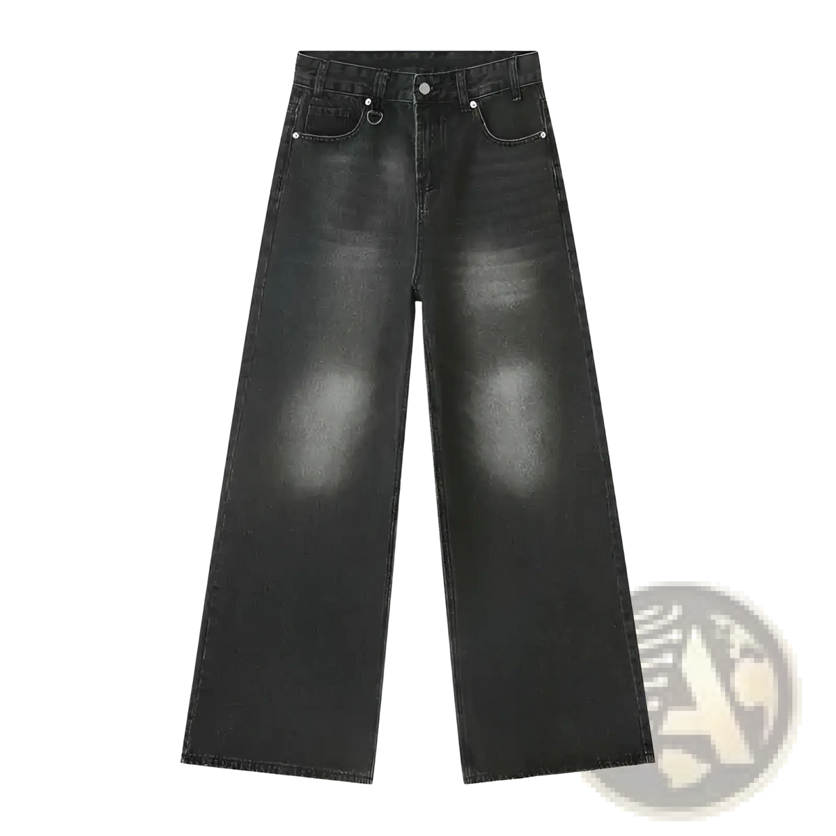 Iefb camouflage wide leg denim jeans in black with a faded distressed look and subtle white stitching