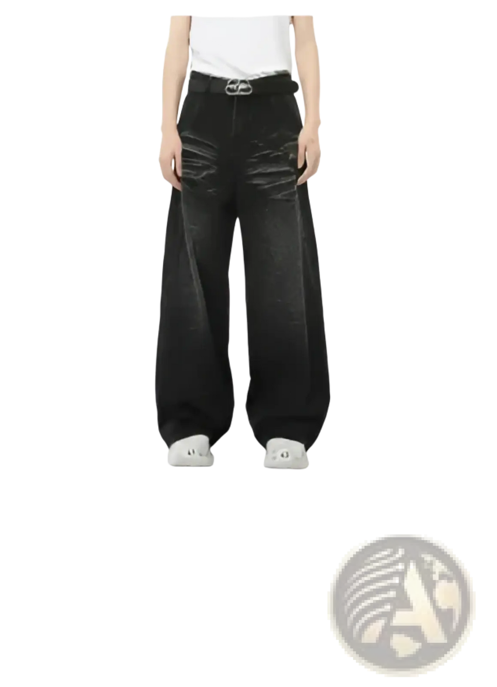 Black wide leg denim jeans with silver toned belt buckle and distressed detailing by iefb camouflage