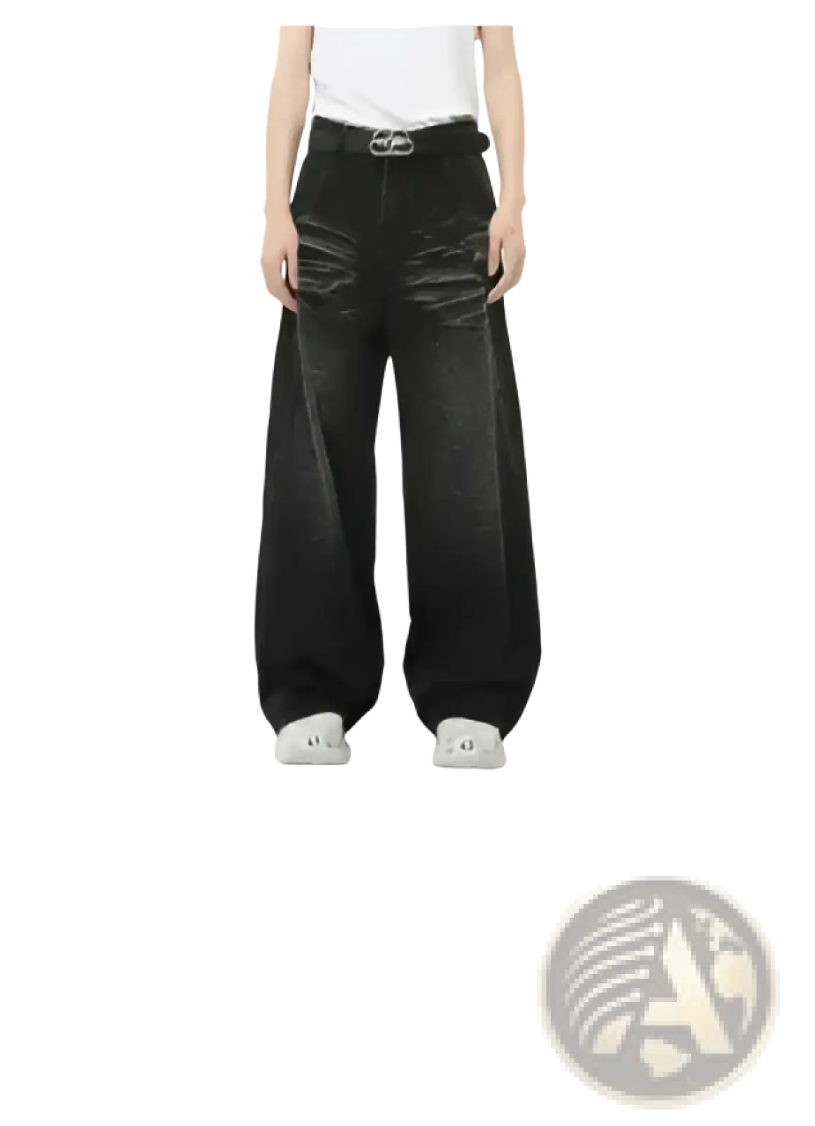 Black wide leg denim jeans with silver toned belt buckle and distressed detailing by iefb camouflage