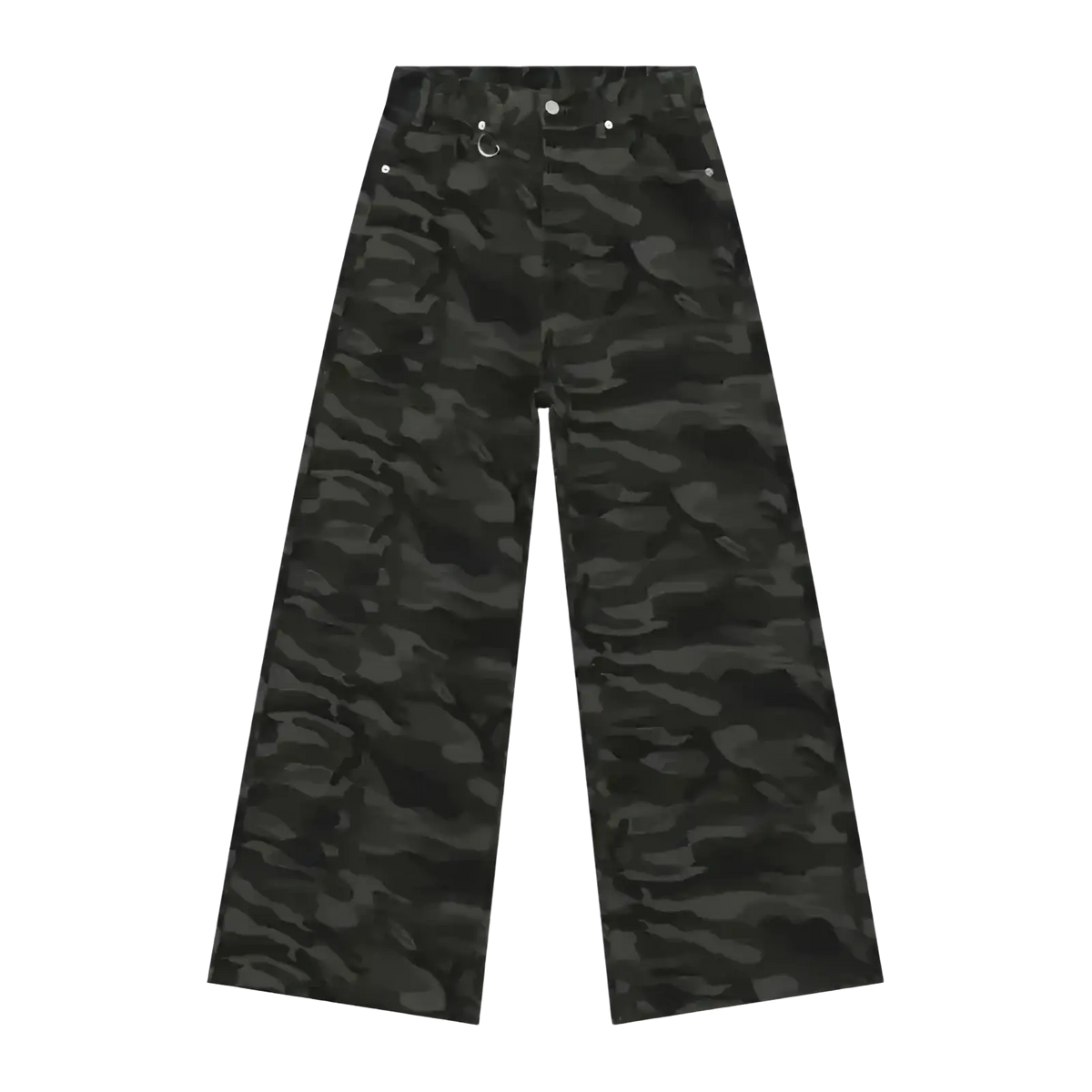Iefb camouflage wide leg denim jeans in black camouflage pattern with high waist and silver toned hardware