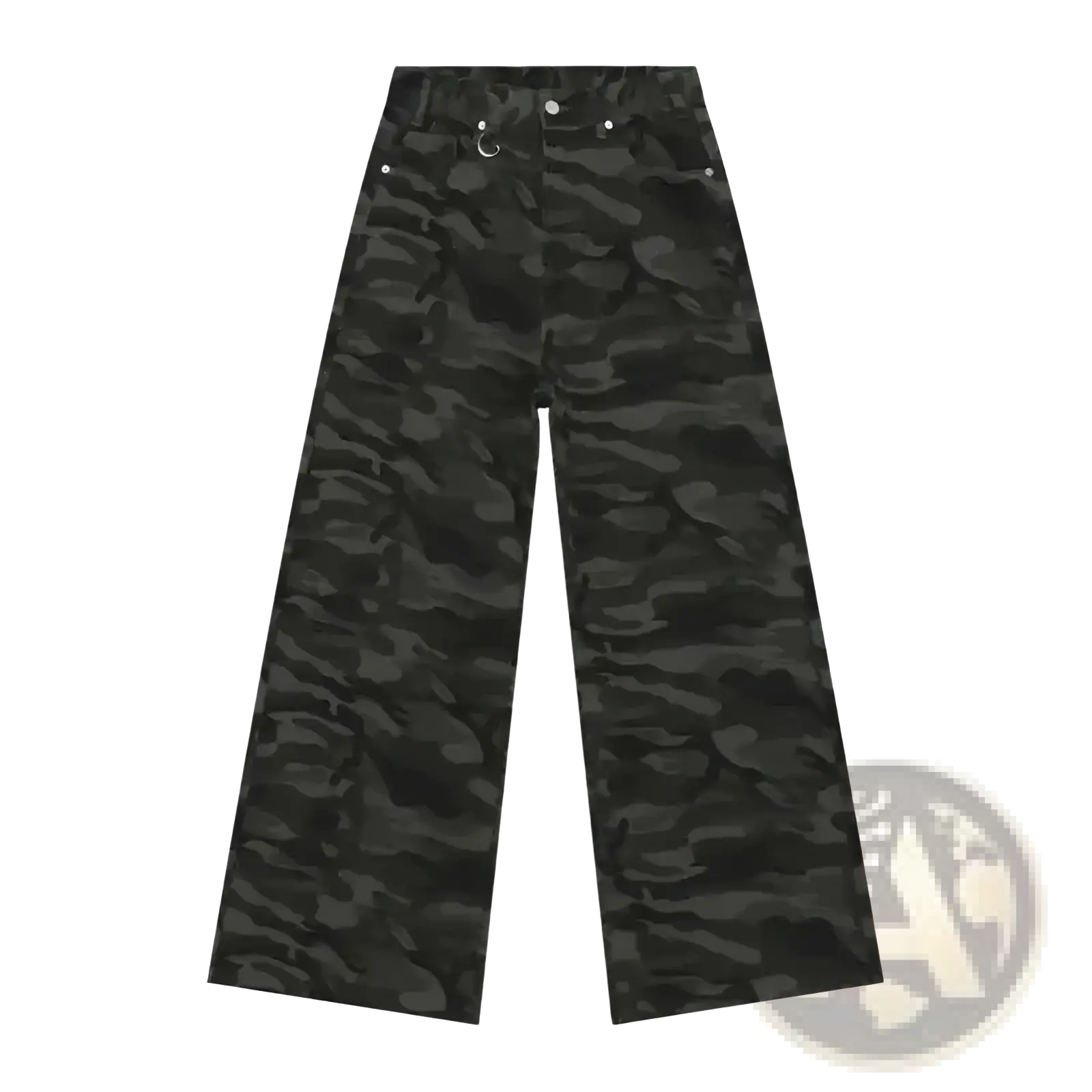 Iefb camouflage wide leg denim jeans in black with high waist and silver-toned metal hardware detailing