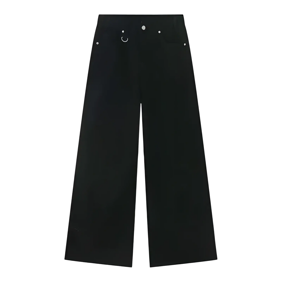 Iefb camouflage wide leg denim jeans in black with high waist silver buttons and front circular ring detail