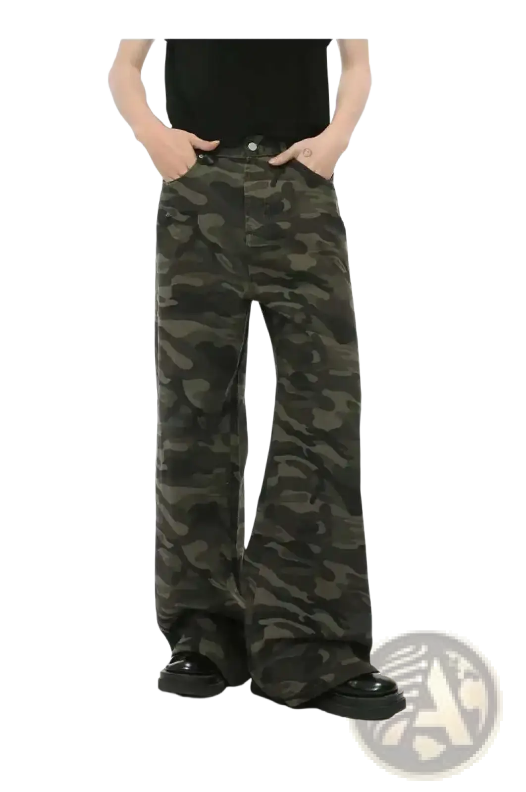 Iefb camouflage wide leg denim jeans featuring dark green and black camouflage pattern in wide leg style