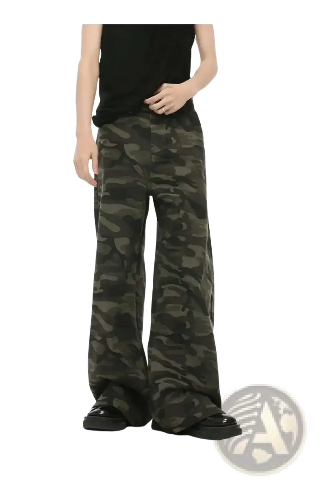 Iefb camouflage wide leg denim jeans in dark green and black camouflage pattern with a wide-leg fit