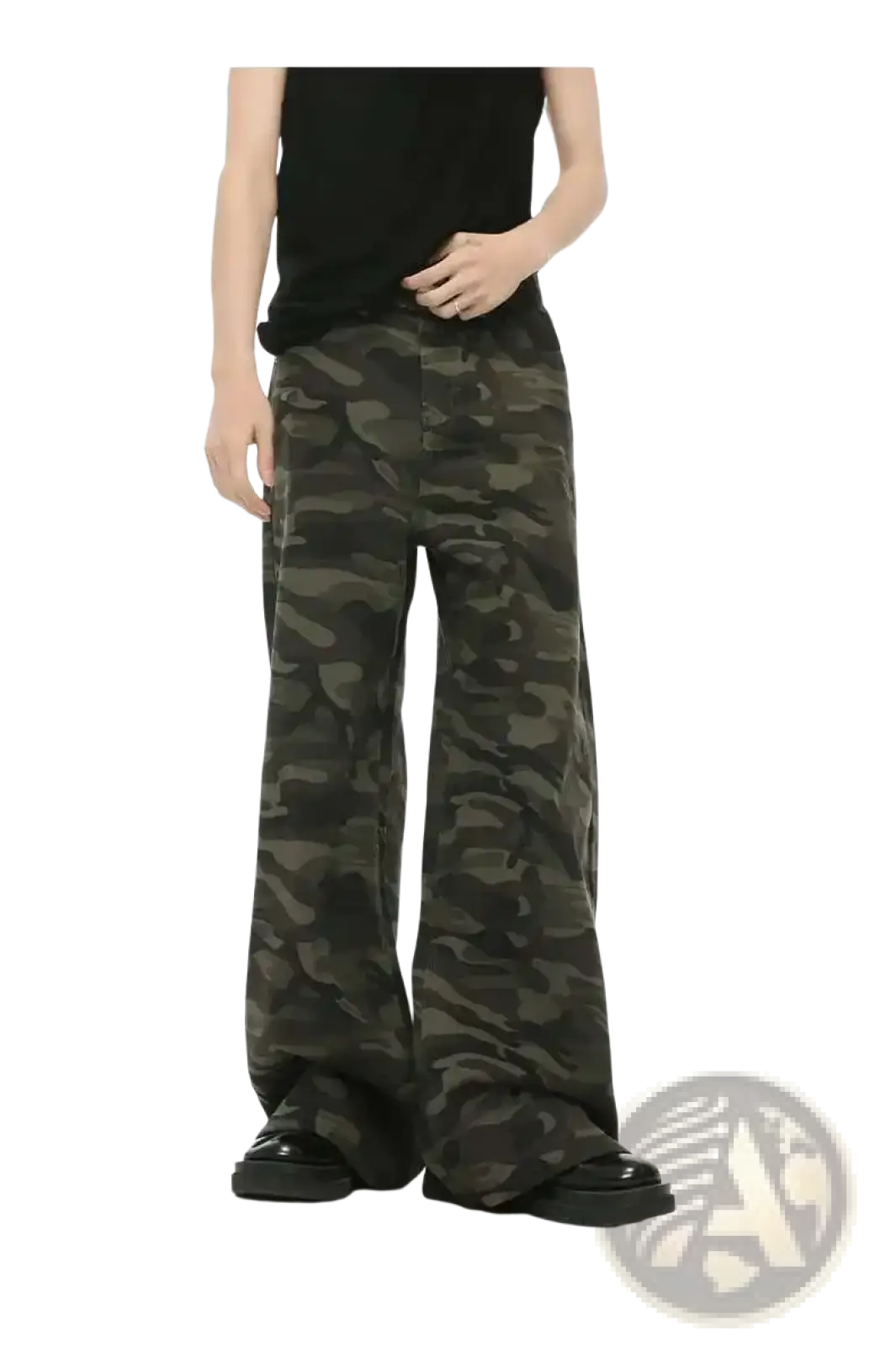 Iefb camouflage wide leg denim jeans in dark green and black camouflage pattern with a wide-leg fit
