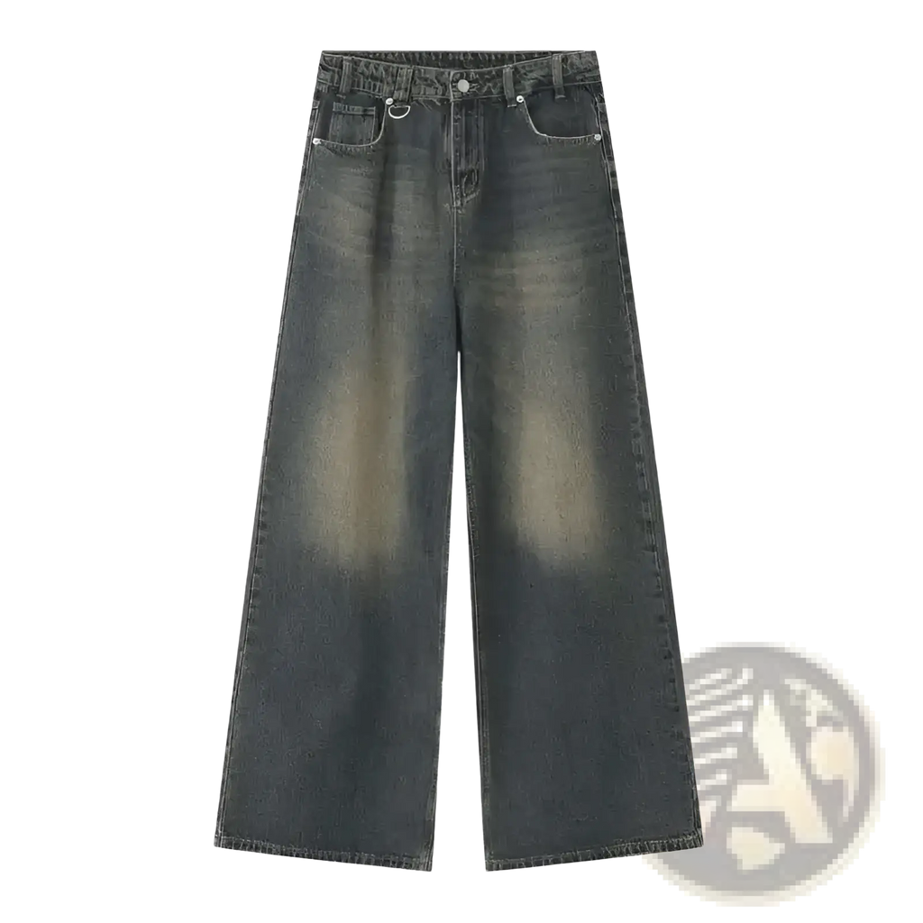 Iefb camouflage wide leg dark wash denim jeans with faded distressing on the thighs and a wide-leg cut