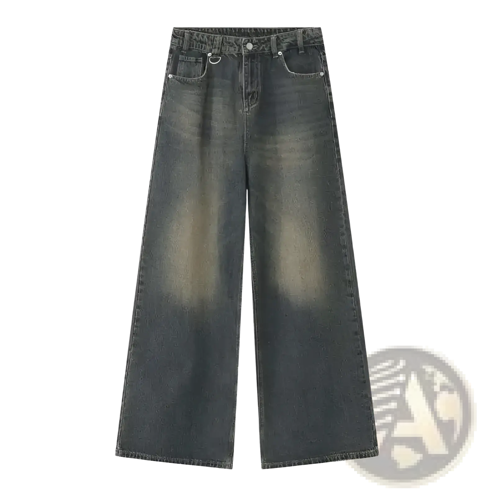 Iefb camouflage wide leg dark wash denim jeans with faded distressing on the thighs and a wide-leg cut