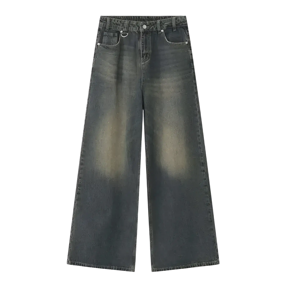 Dark wash wide leg denim jeans with faded distressed detailing from iefb camouflage collection
