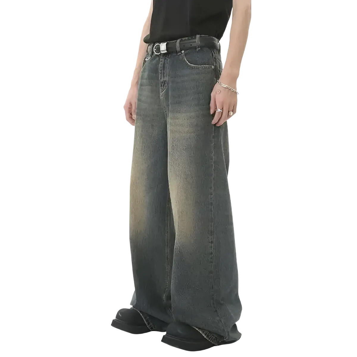 Iefb camouflage wide leg denim jeans in dark-wash with faded distressed look and visible stitching details