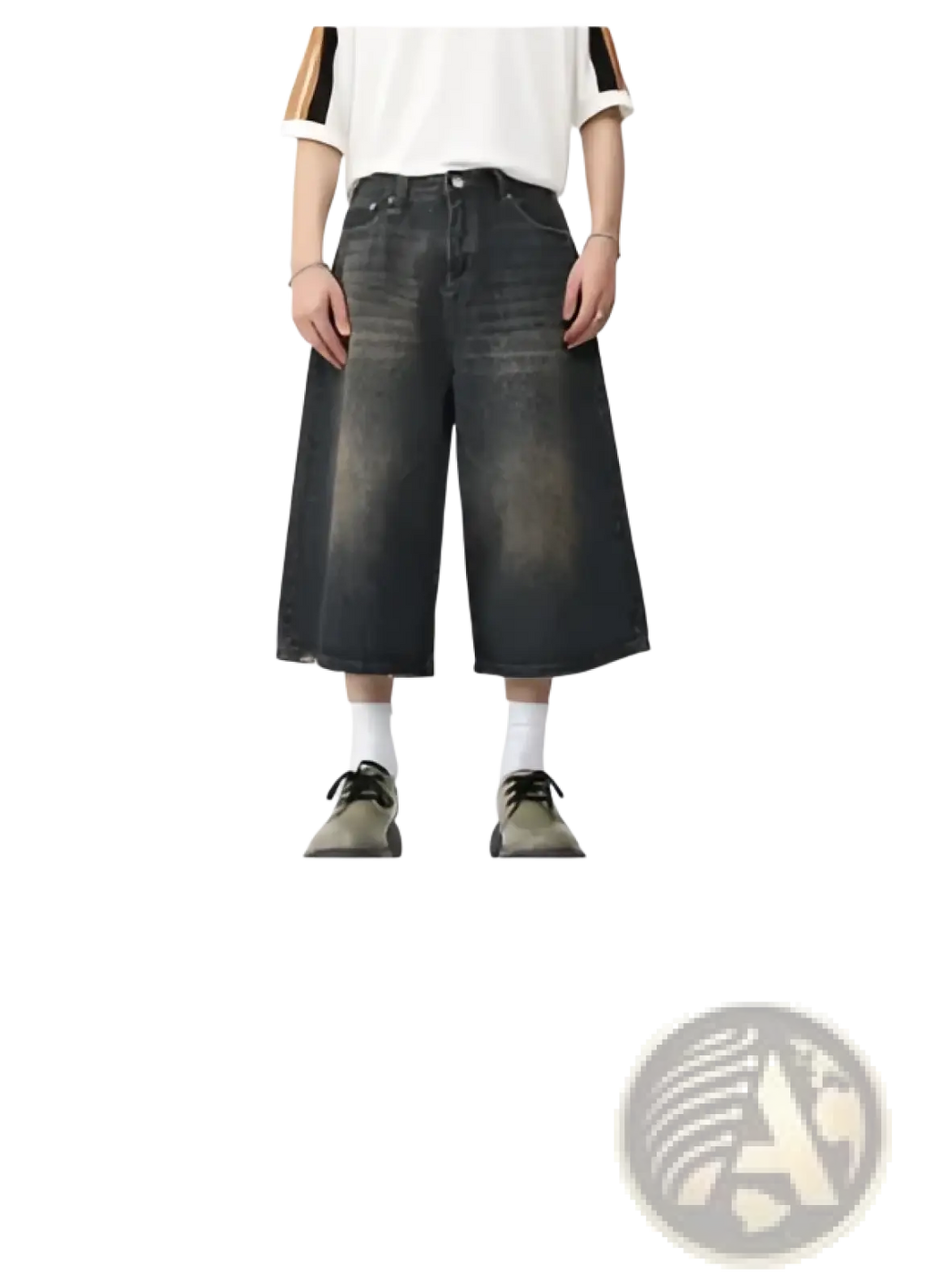 Iefb camouflage wide leg denim jeans in dark wash with straight-leg cut and frayed hems in denim material