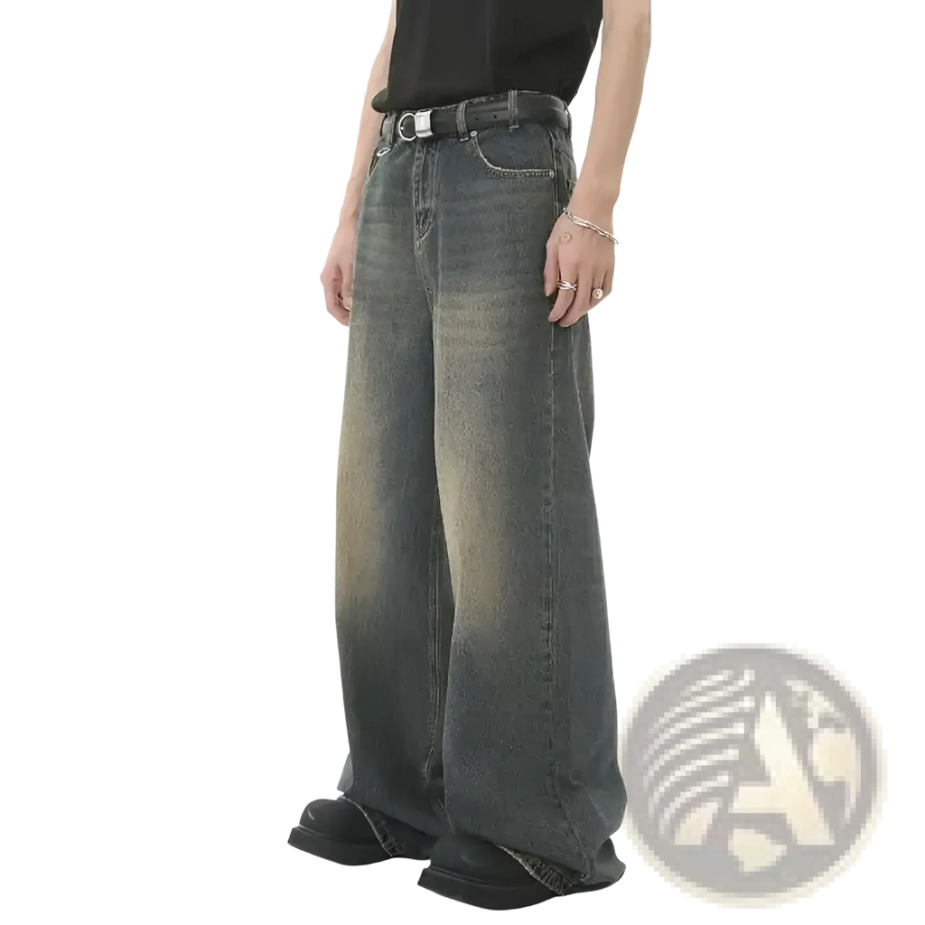 Iefb camouflage wide leg denim jeans in dark-wash with faded distressed look and visible stitching details