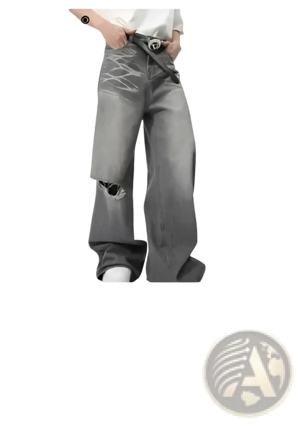 Distressed gray wide leg denim jeans with black belt and decorative stitching details from Iefb camouflage collection