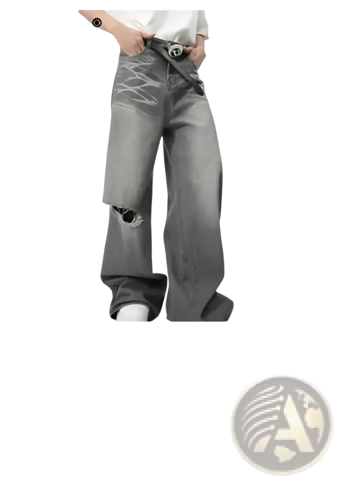 Distressed gray wide leg denim jeans with black belt and decorative stitching details from Iefb camouflage collection