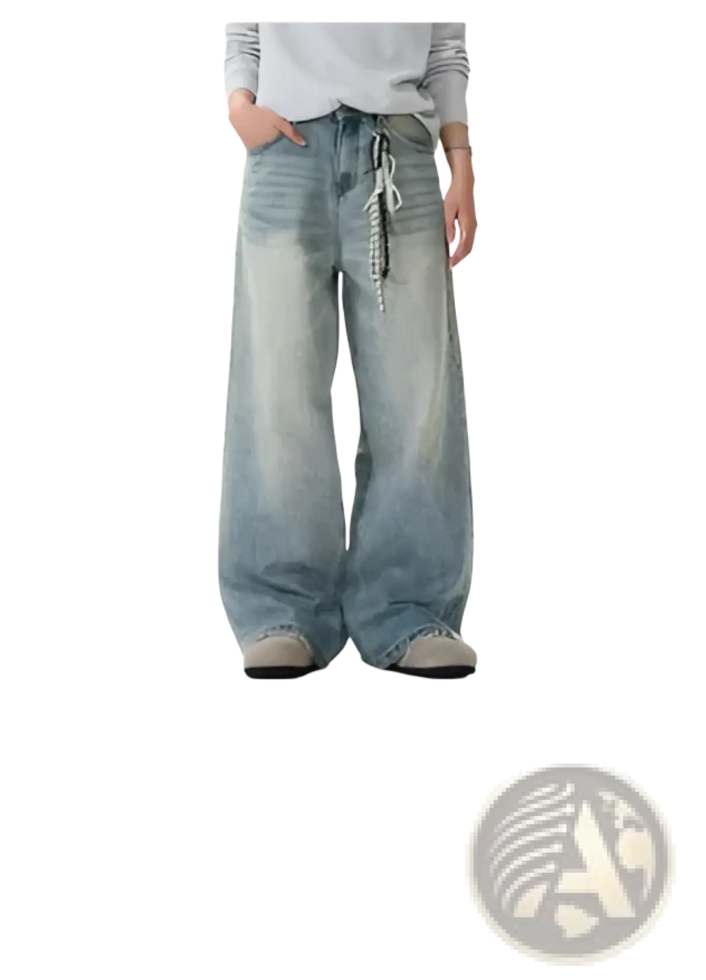 Iefb camouflage wide leg denim jeans in faded blue wash with frayed hems and decorative drawstring waist detailing