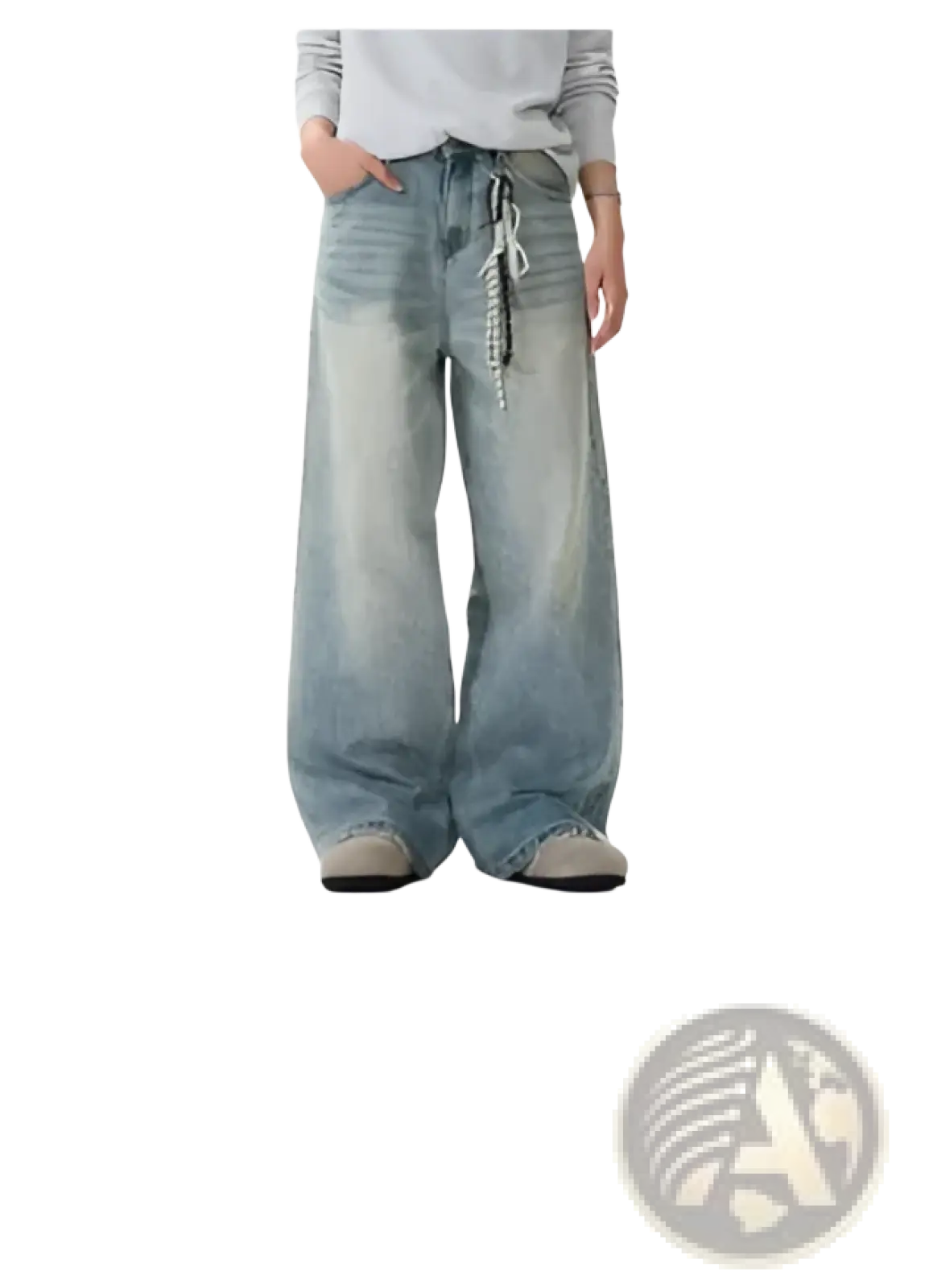 Iefb camouflage wide leg denim jeans in faded blue wash with frayed hems and decorative drawstring waist detailing