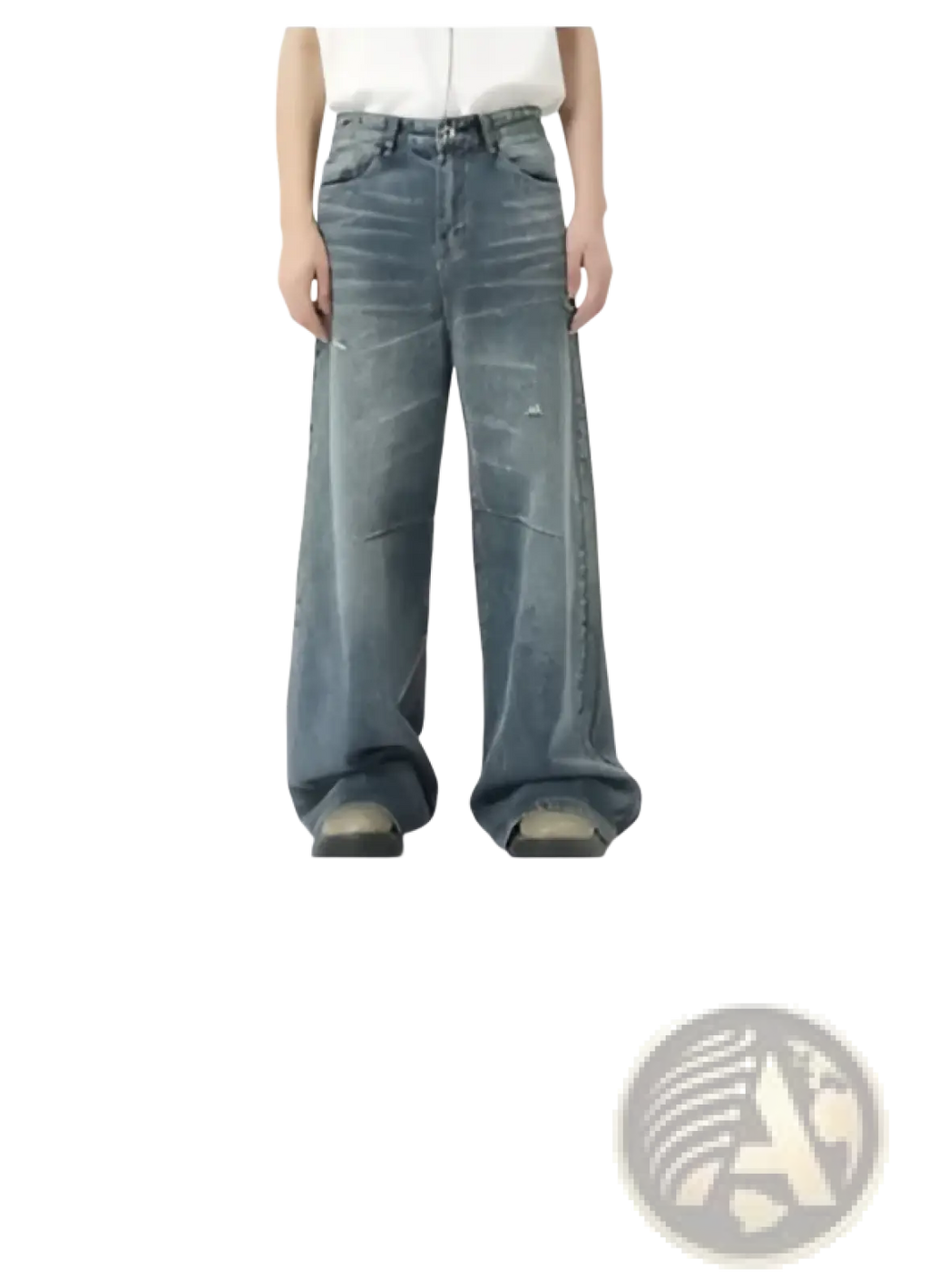 Iefb camouflage wide leg denim jeans in faded blue wash with distressed details and visible stitching