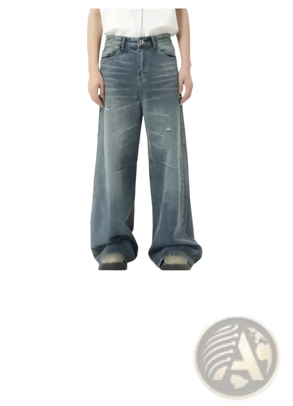 Iefb camouflage wide leg denim jeans in faded blue wash with distressed details and visible stitching