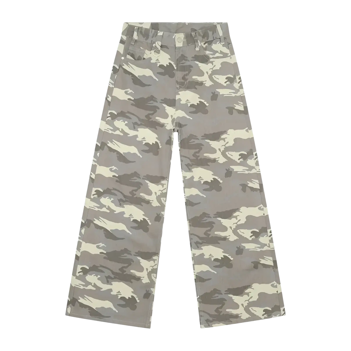 Iefb camouflage wide leg denim jeans in gray and beige camouflage pattern featuring wide-leg denim design