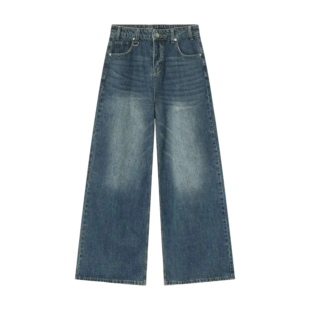 Iefb camouflage wide leg denim jeans high waisted with faded medium blue wash classic stitching and button closure