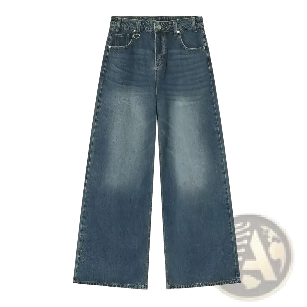 Iefb camouflage wide leg denim jeans in high waisted faded medium blue wash with classic stitching and button closure