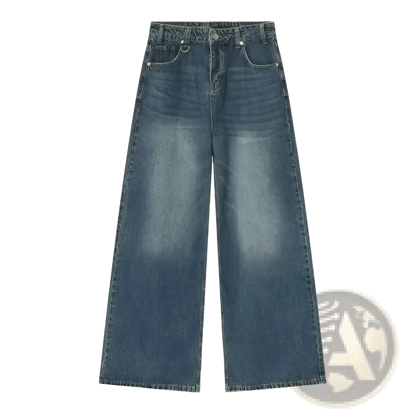 Iefb camouflage wide leg denim jeans in high waisted faded medium blue wash with classic stitching and button closure