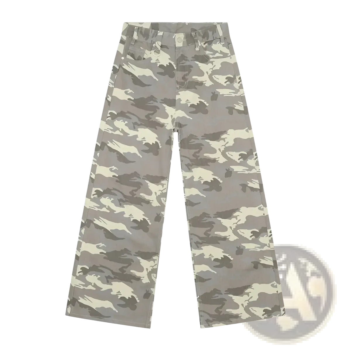 Iefb camouflage wide leg denim jeans in gray and beige camouflage pattern featuring wide-leg denim design