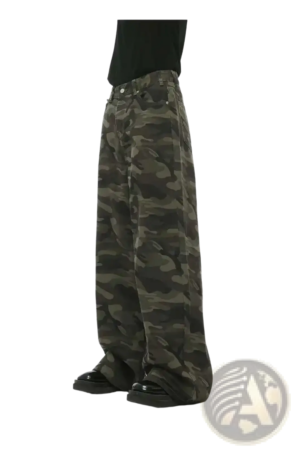 Iefb camouflage wide leg denim jeans in muted green and brown made from durable denim fabric