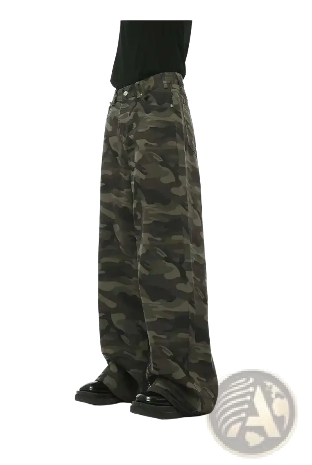 Iefb camouflage wide leg denim jeans in muted green and brown made from durable denim fabric