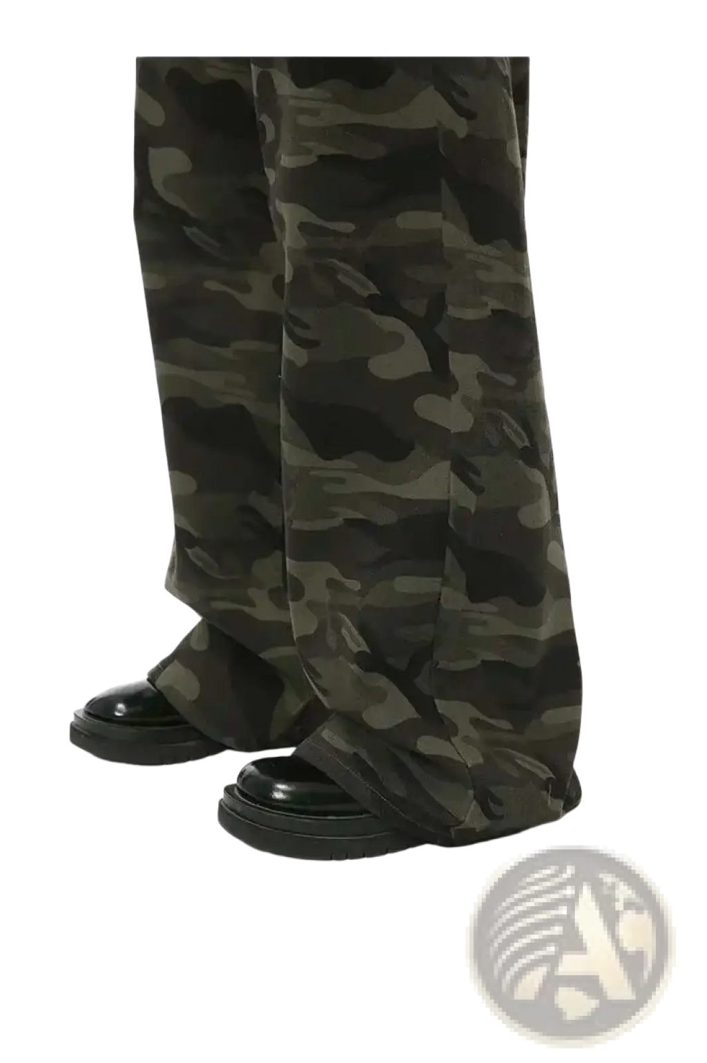 Iefb camouflage wide leg denim jeans in olive green and black camouflage pattern with a loose fit silhouette