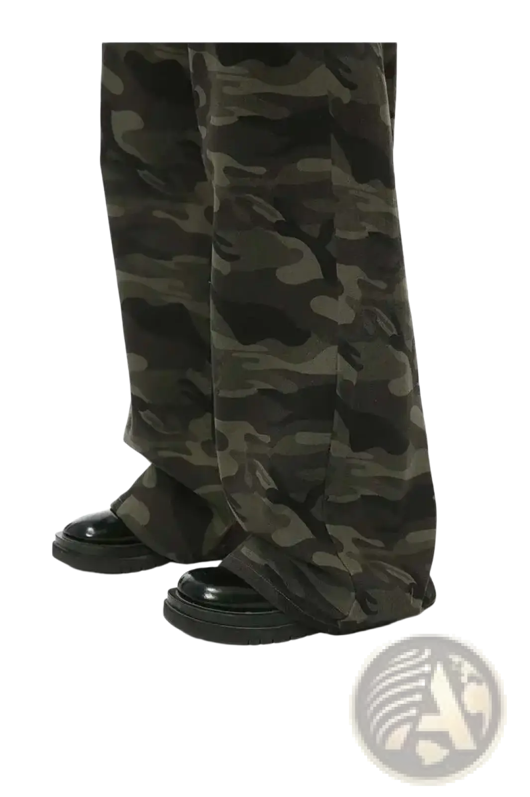 Iefb camouflage wide leg denim jeans in olive green and black camouflage pattern with a loose fit silhouette