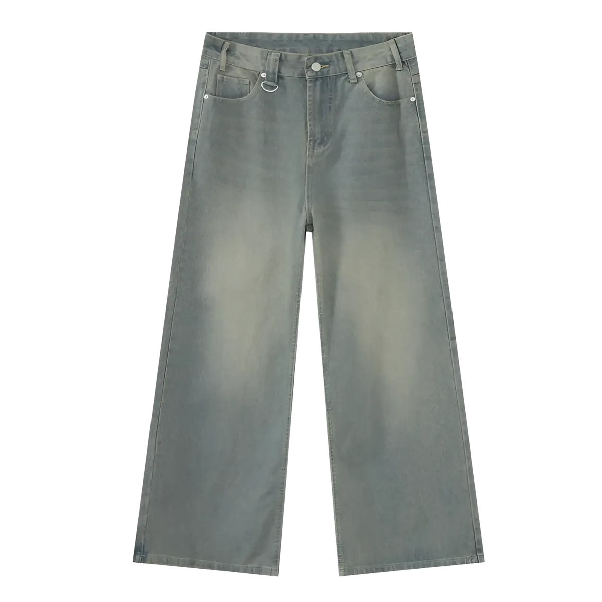 Iefb camouflage wide leg denim jeans in faded gray wash with subtle distressing and silver toned hardware