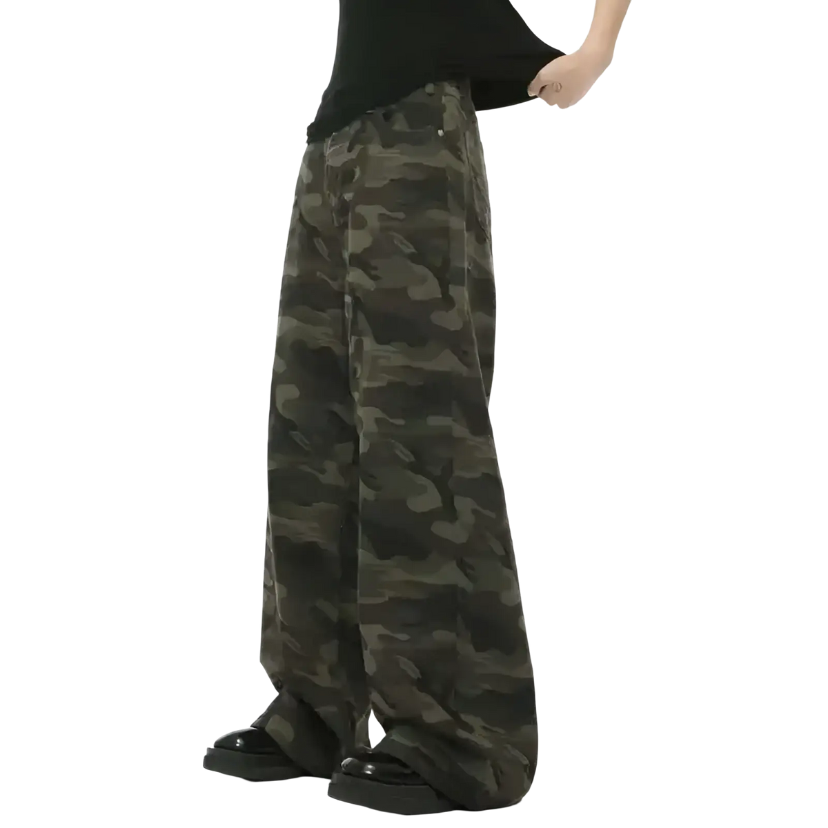Iefb camouflage wide leg denim jeans in muted green and black soft denim with a wide-leg silhouette
