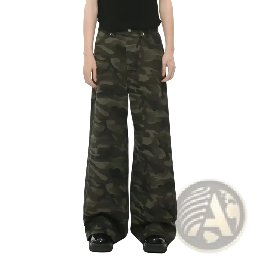 Iefb camouflage wide leg denim jeans in dark green and black made of sturdy fabric for durable wear