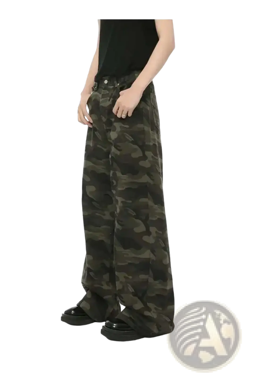Iefb camouflage wide leg denim jeans featuring dark green and black sturdy denim with a wide-leg fit