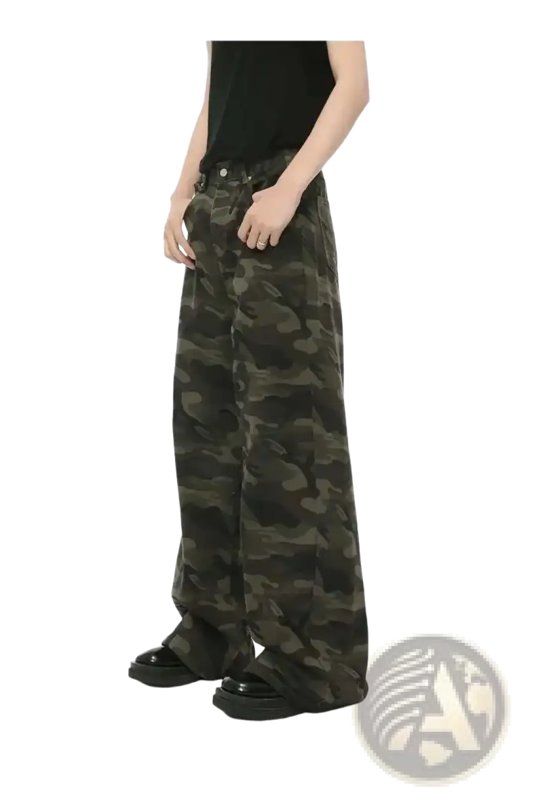 Iefb camouflage wide leg denim jeans featuring dark green and black sturdy denim with a wide-leg fit