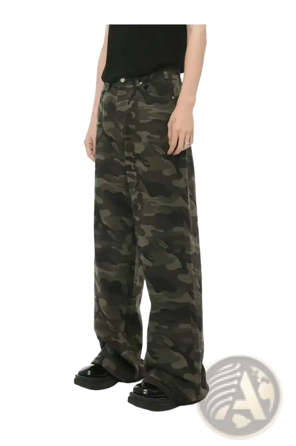 Iefb camouflage wide leg denim jeans in muted green and black with wide-leg fit and durable denim material
