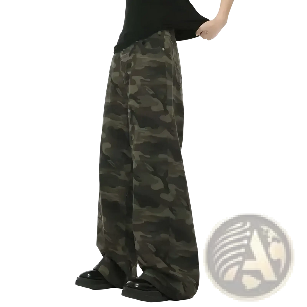 Iefb camouflage wide leg denim jeans in muted green and black soft denim with a wide-leg silhouette