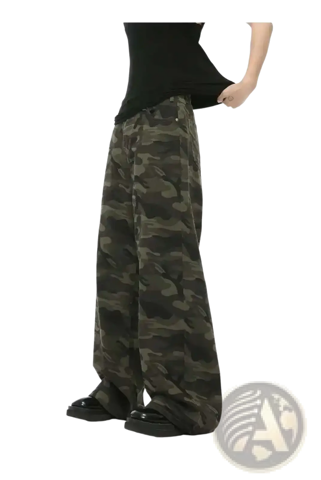 Iefb camouflage wide leg denim jeans in muted green and black soft cotton fabric with a wide-leg silhouette