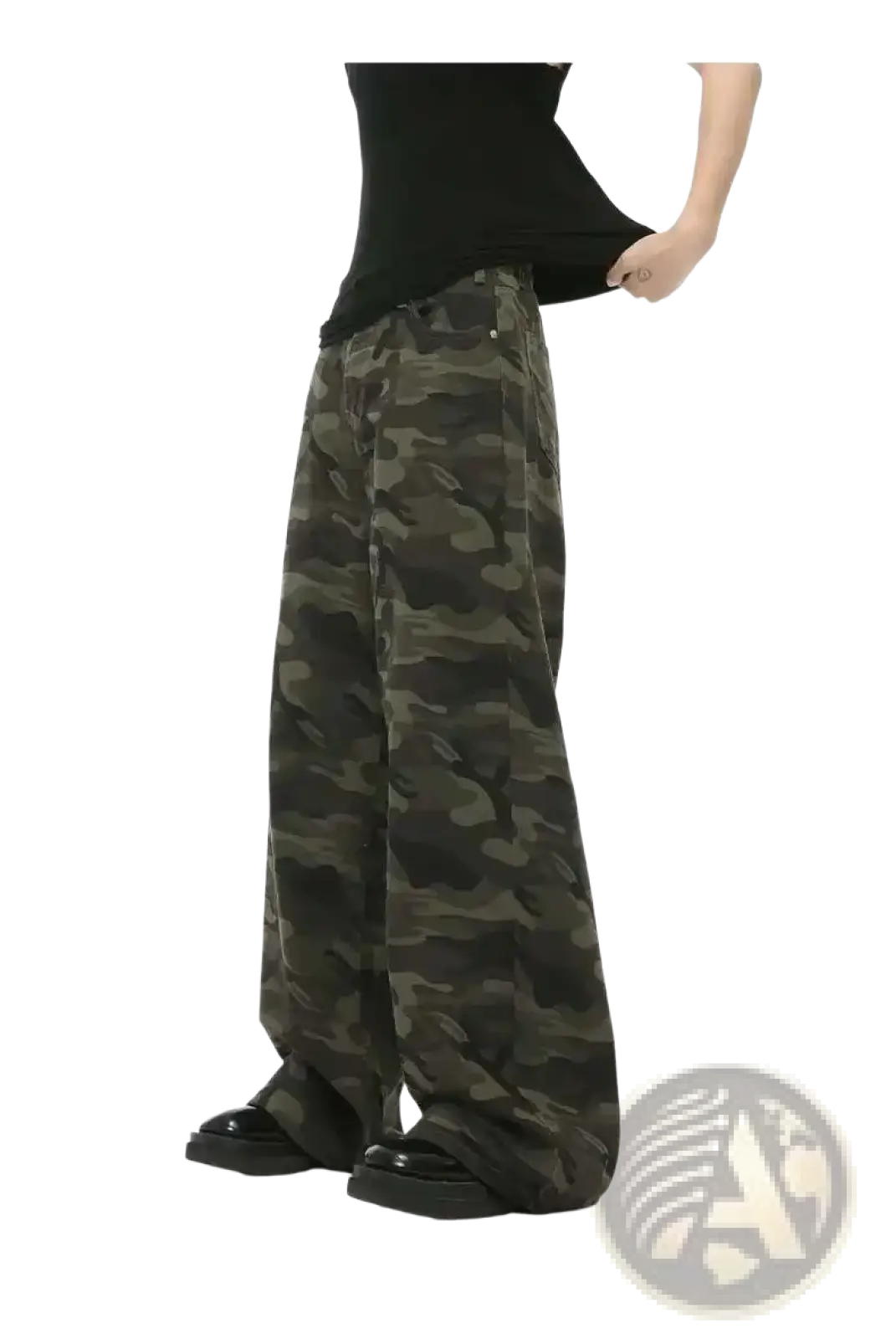 Iefb camouflage wide leg denim jeans in muted green and black soft cotton fabric with a wide-leg silhouette
