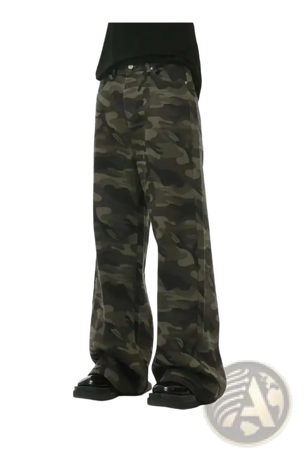 Iefb camouflage wide leg denim jeans featuring sturdy muted green and black camouflage denim fabric
