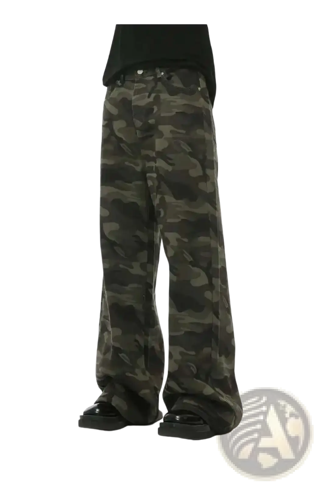 Iefb camouflage wide leg denim jeans featuring sturdy muted green and black camouflage denim fabric