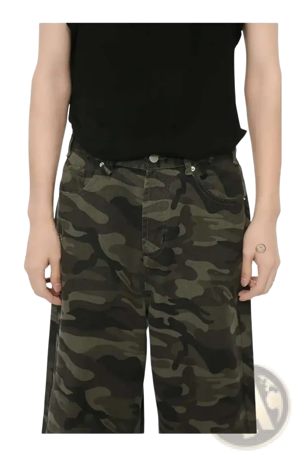 Iefb camouflage wide leg denim jeans in dark green olive and black tones featuring a denim blend material