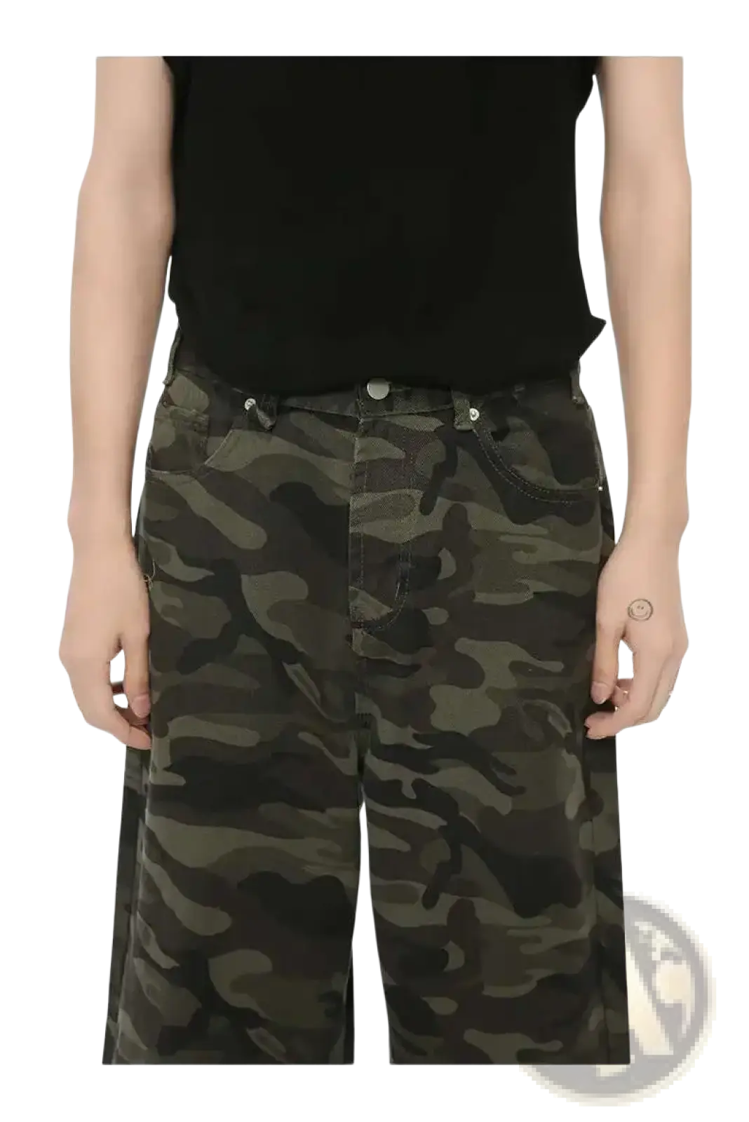 Iefb camouflage wide leg denim jeans in dark green olive and black tones featuring a denim blend material