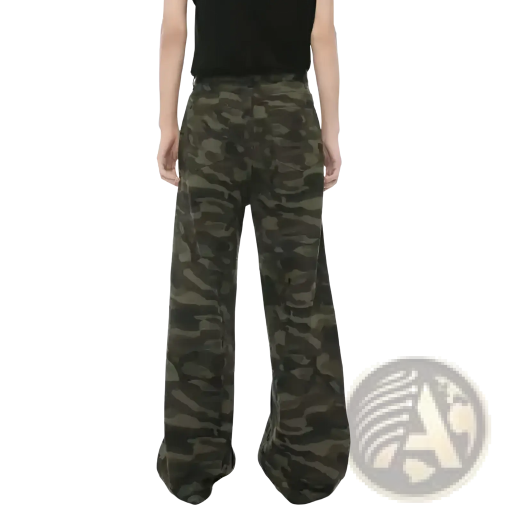Iefb camouflage wide leg denim jeans in dark green and black military print made from sturdy denim fabric